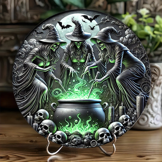 Three Witches Brewing Potion Metal Sign Witch Wall Art for Halloween Decor-MoonChildWorld