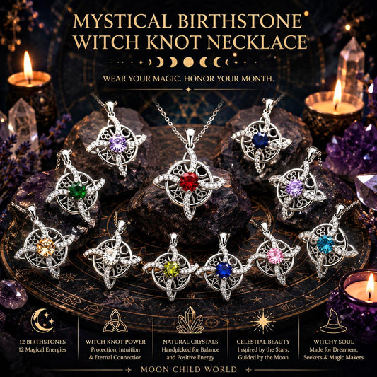 Mystical birthstone witch knot necklaces with crystal pendants, displayed on altar with candles and crystals