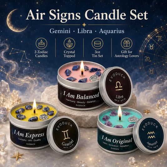 Air Signs Candle Set featuring three zodiac-themed candles in silver tins with flames, shown on a celestial background with zodiac symbols and icons.
