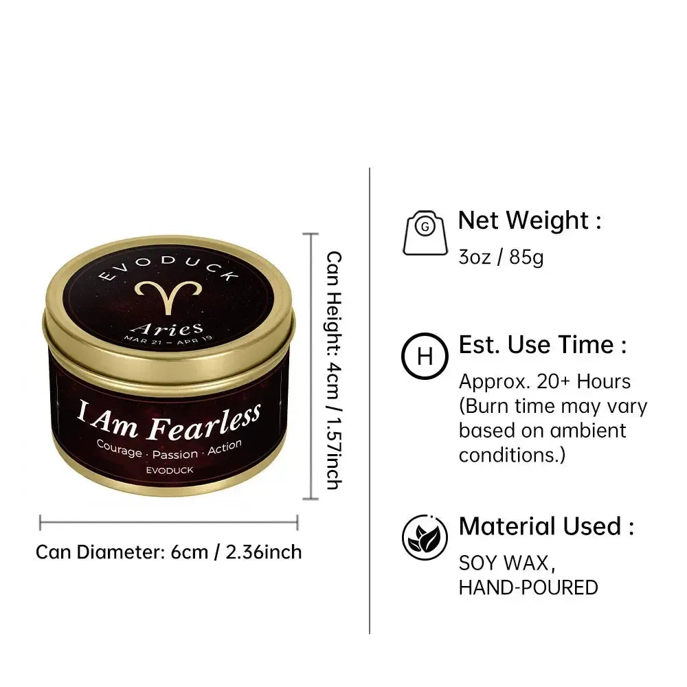Zodiac Candle size specifications infographic - 3oz soy wax candle, 20 hour burn time, hand-poured