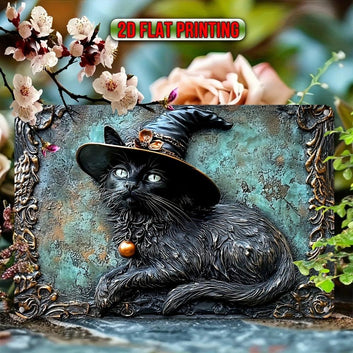 Magician Cat Wall Sign Witchy Black Cat Metal Sign for Halloween Decor-MoonChildWorld