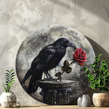 Vintage Rose and Gothic Crow Wall Art Black Raven Metal Sign Gothic Decor-MoonChildWorld