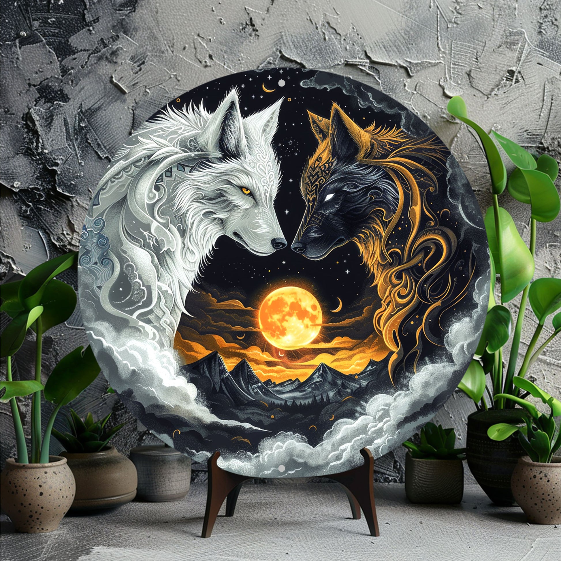 Moon Wolf Metal Sign Black and White Wolves Wall Sign-MoonChildWorld