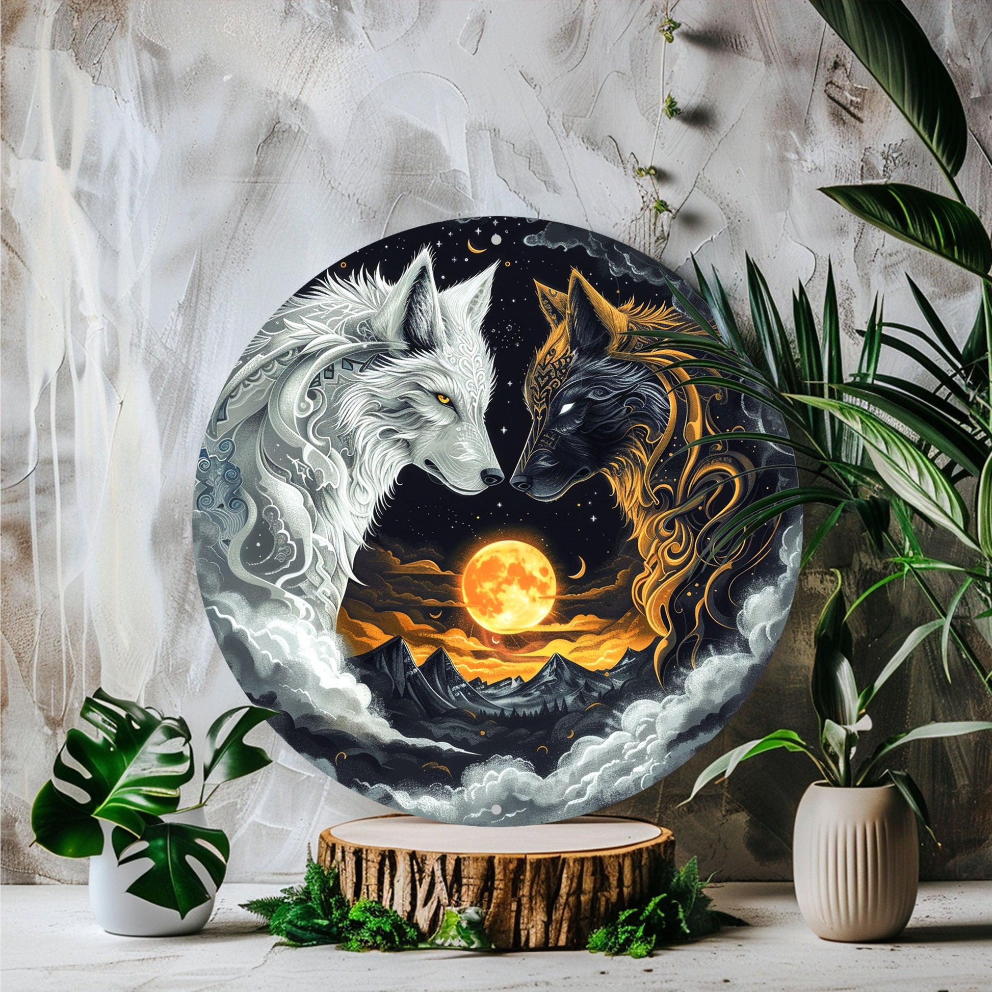 Moon Wolf Metal Sign Black and White Wolves Wall Sign-MoonChildWorld
