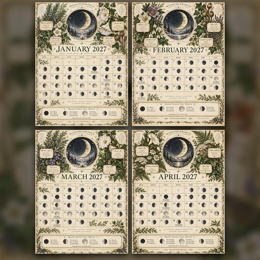 Celestial Herbarium 2027 Moon Calendar Printable - Botanical Witch Wall Calendar, Herbs and Moon Phases, Instant Digital