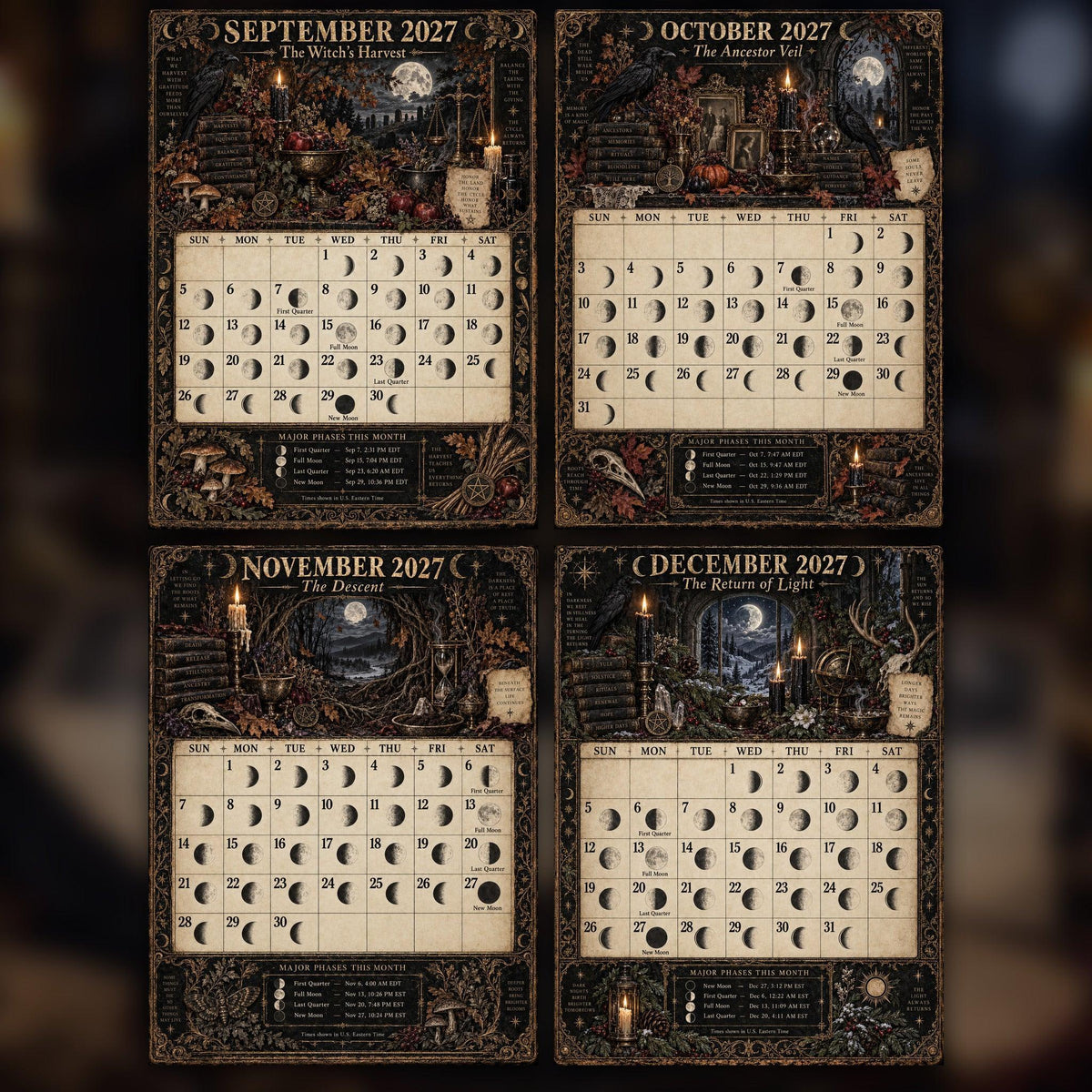The Dark Witch's Lunar Grimoire 2027 Moon Calendar Printable - Dark Academia Wall Calendar, Accurate Moon Phases, Instan