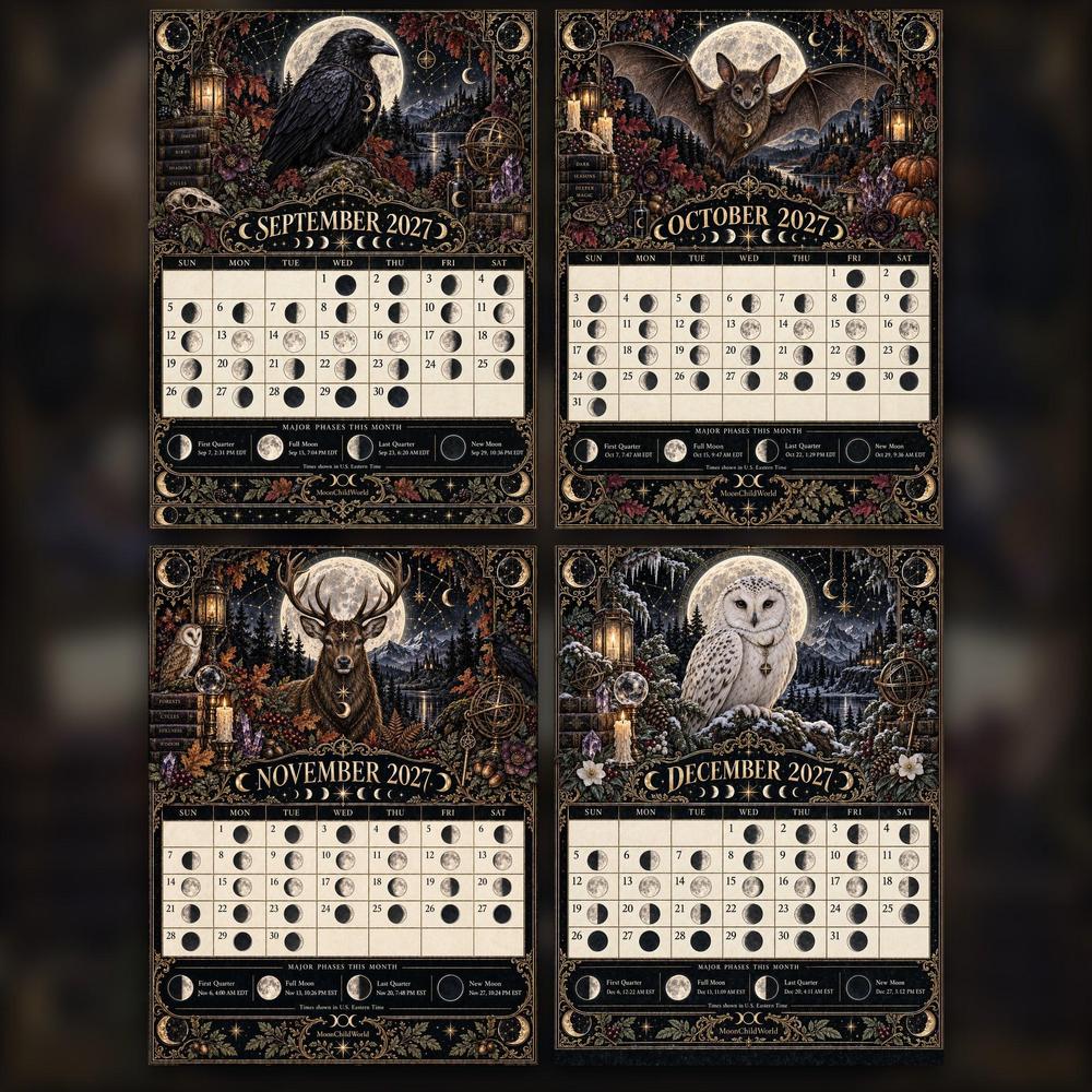 The Lunar Familiar Almanac 2027 Moon Calendar Printable - Witch Familiars Wall Calendar, Owl Raven Cat Fox, Instant Digi