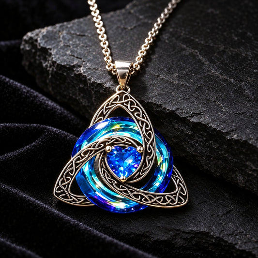 A Celtic triquetra pendant necklace with a blue iridescent center stone and gold-toned metal, displayed on a dark textured rock and black fabric background.