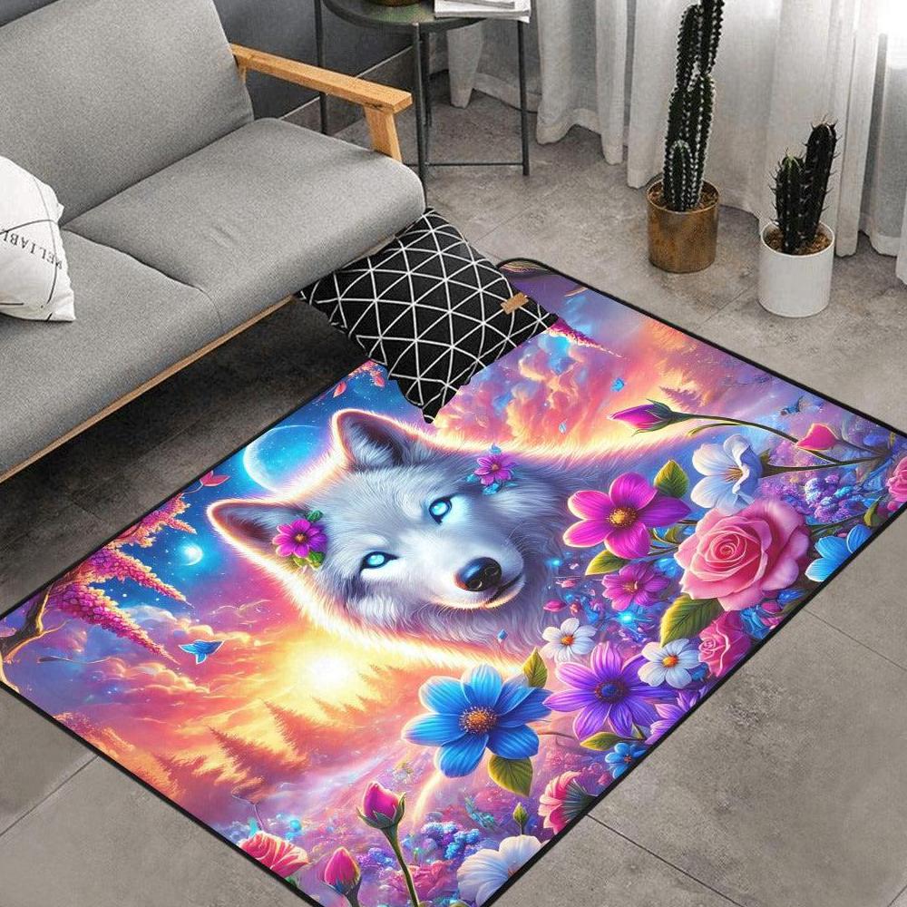 Floral Moon Wolf Area Rug Celestial White Wolf Carpet-MoonChildWorld