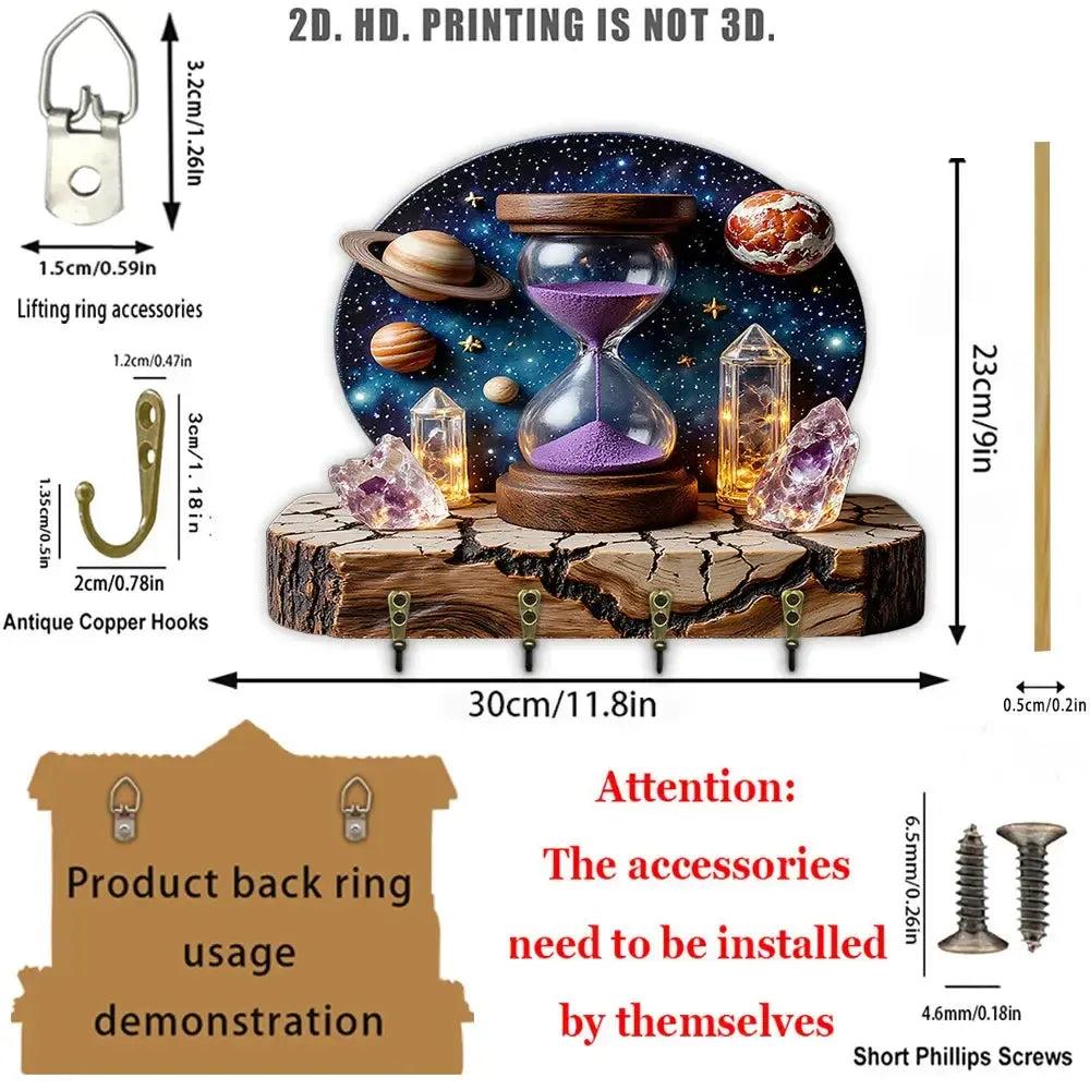 2D Cosmic Amethyst Hourglass Wicca Wood Key Rack - Witchy Key Holder 4 Metal Hooks-MoonChildWorld
