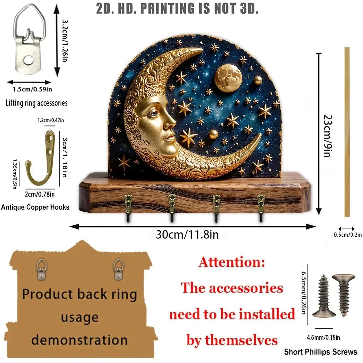 2D Crescent Moon Star Wood Key Rack - Celestial Moon Key Holder 4 Metal Hooks-MoonChildWorld