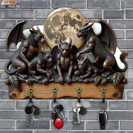 2D Gargoyle Gothic Key Holder 4 Metal Hooks - Witchy Wood Key Rack-MoonChildWorld