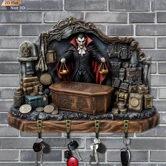 2D Gothic Vampire Dracula Key Holder 4 Metal Hooks - Dark Aesthetic Wood Key Rack-MoonChildWorld