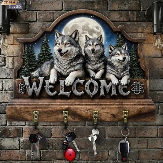 2D Moonlight Wolf Wood Key Rack - Welcome Wolves Key Holder 4 Metal Hooks for Witch Decor-MoonChildWorld