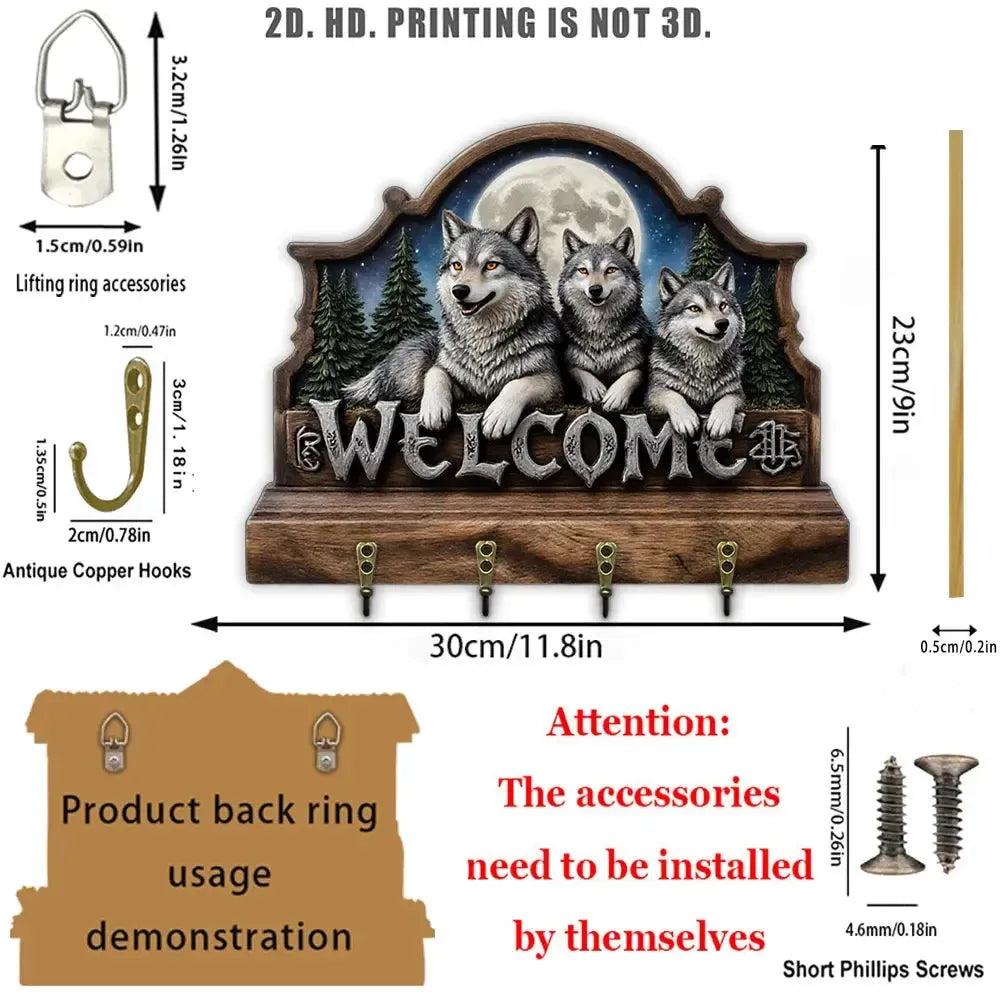 2D Moonlight Wolf Wood Key Rack - Welcome Wolves Key Holder 4 Metal Hooks for Witch Decor-MoonChildWorld