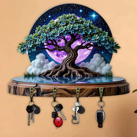 2D Moonlit Tree of Life Key Holder 4 Metal Hooks - Wicca Pagan Wood Key Rack-MoonChildWorld