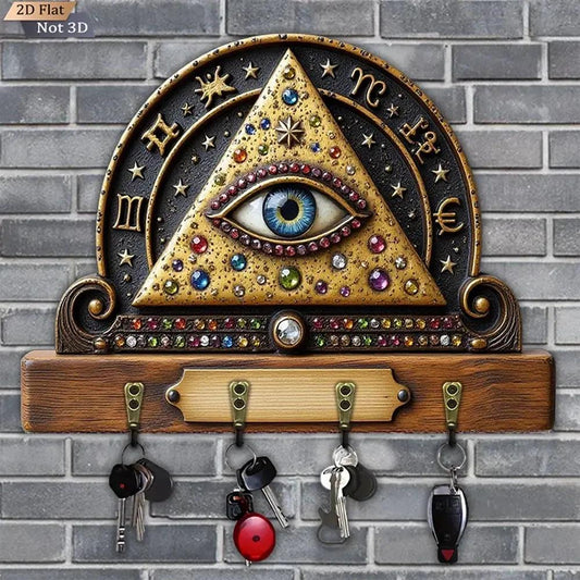 2D Occult All-Seeing Eye Key Holder 4 Metal Hooks - Witchy Wicca Wood Key Rack-MoonChildWorld