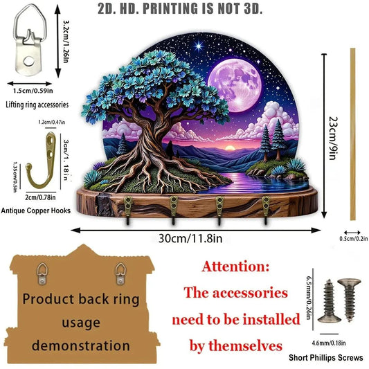 2D Pagan Moonlit Tree Wood Key Rack - Spirit Tree of life Wooden Key Holder with 4 Metal Hooks-MoonChildWorld