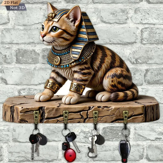 2D Pharaoh Cat Wood Key Rack - Egyptian Cat Key Holder 4 Metal Hooks-MoonChildWorld