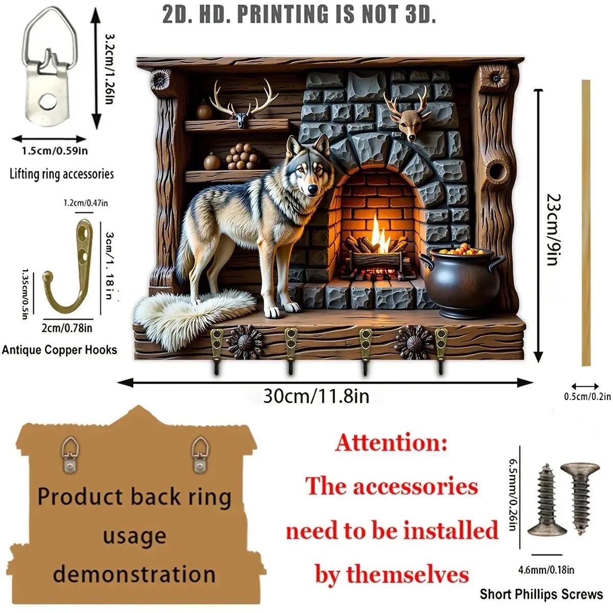 2D Spirit Wolf Key Holder 4 Metal Hooks - Mystic Wood Key Rack-MoonChildWorld