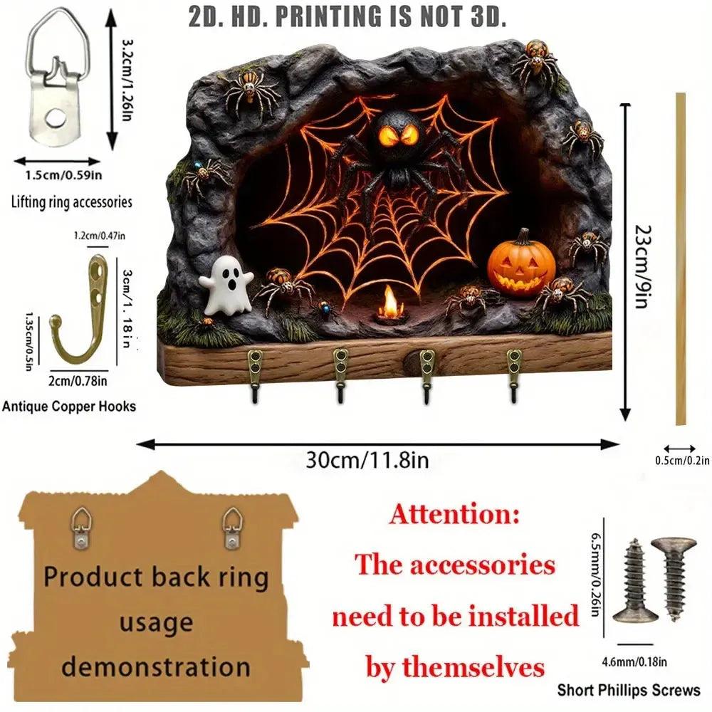 2D Spooky Spider Pumpkin Gothic Wood Key Rack - Halloween Key Holder 4 Metal Hooks for Witch Decor-MoonChildWorld