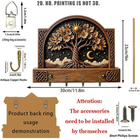 2D Sun Moon Tree of Life Pagan Wooden Key Holder - Celtic Tree Wicca Wood Key Rack-MoonChildWorld