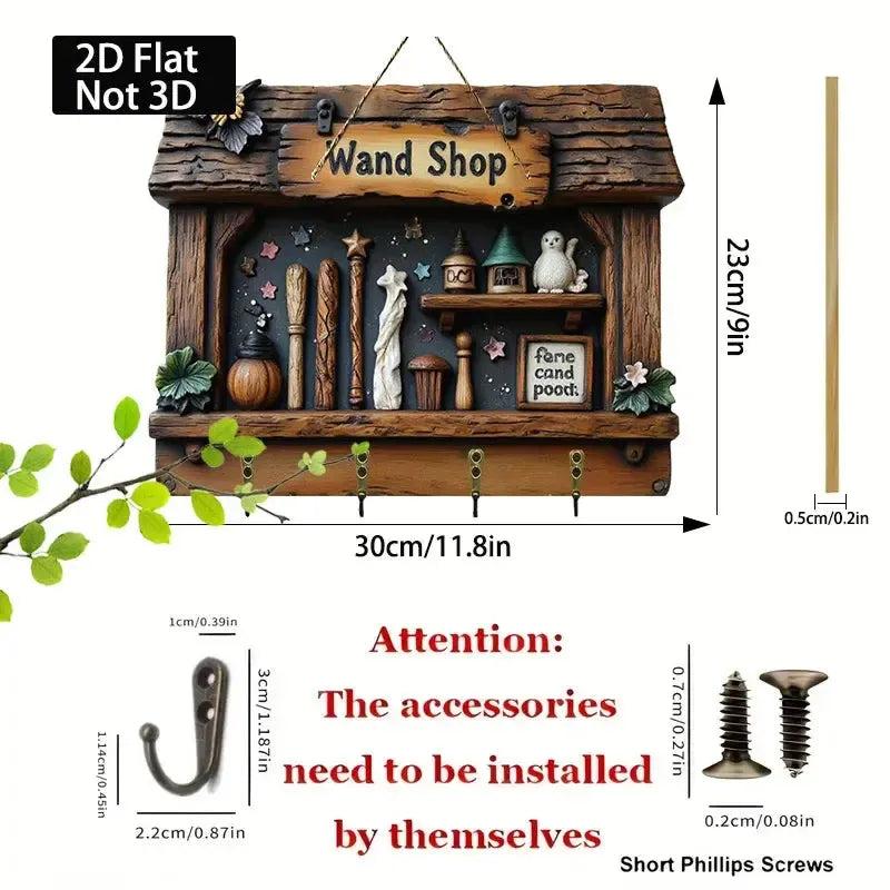 2D Witch Wand Shop Key Holder 4 Metal Hooks - Wicca Wood Key Rack-MoonChildWorld