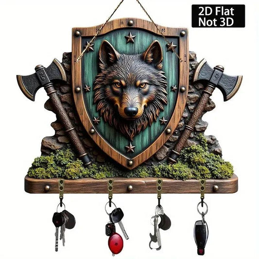 2D Wolf Head Shield with Stars and Axes Key Holder 4 Metal Hooks - Mystic Wood Key Rack-MoonChildWorld