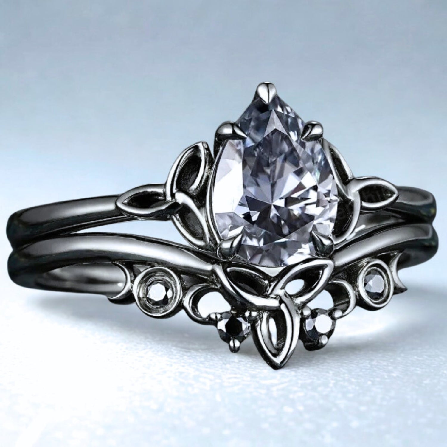 Wicca Celtic Knot Triple Moon Ring - Gothic Gray Moissanite Norse Viking Witchy Promise Wedding Ring-MoonChildWorld