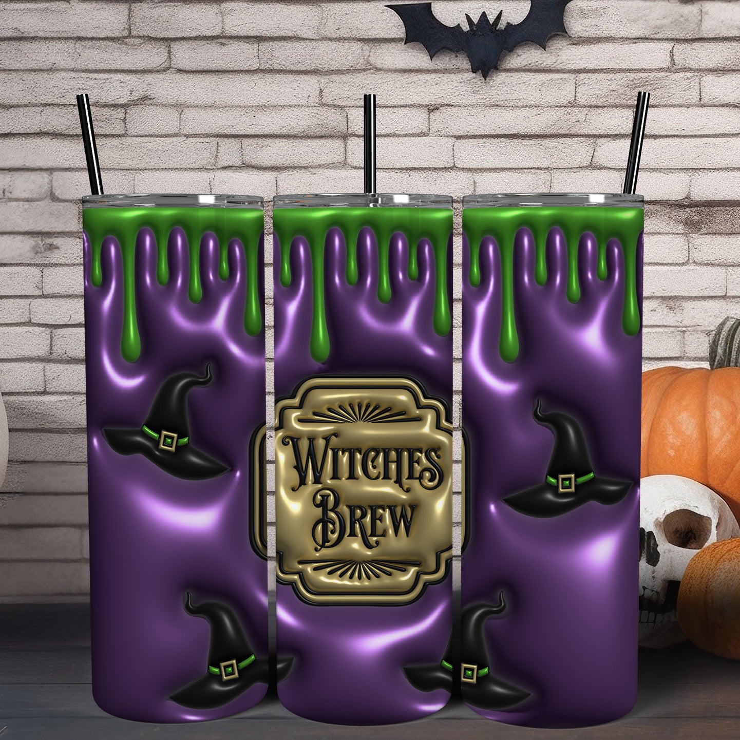 Witches Brew Gothic Skinny Tumbler with Lid and Straw-MoonChildWorld