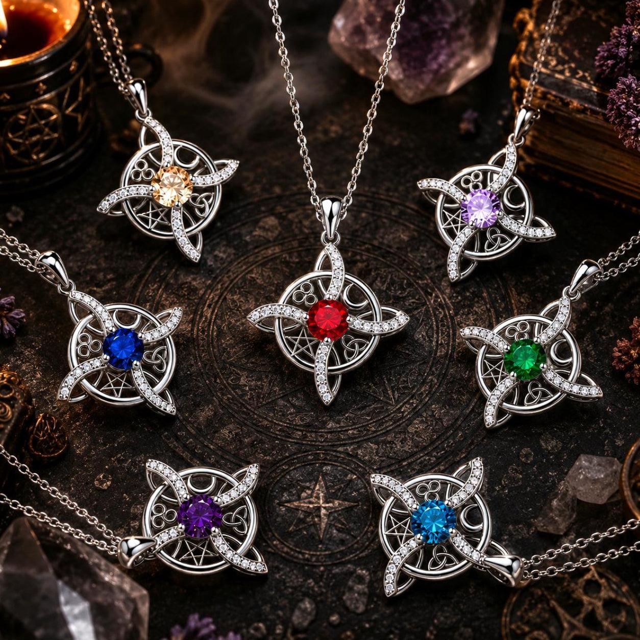 Wiccan pentacle necklaces with colorful gemstones, perfect for witchcraft and altar decor.
