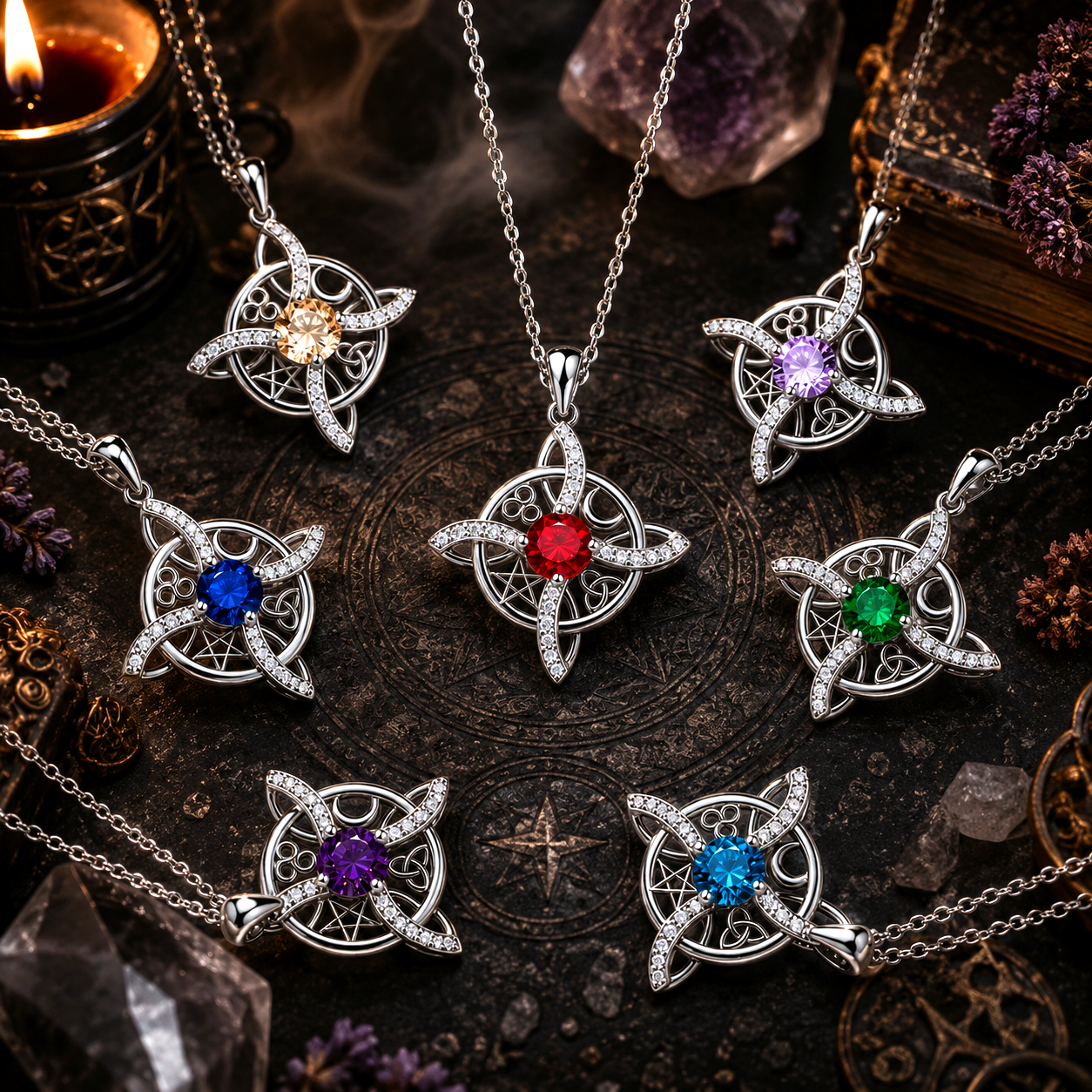 Wiccan pentacle necklaces with colorful gemstones, perfect for witchcraft and altar decor.