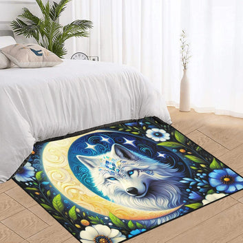 Floral Moon Wolf Area Rug Celestial Wolf Witchy Carpet-MoonChildWorld