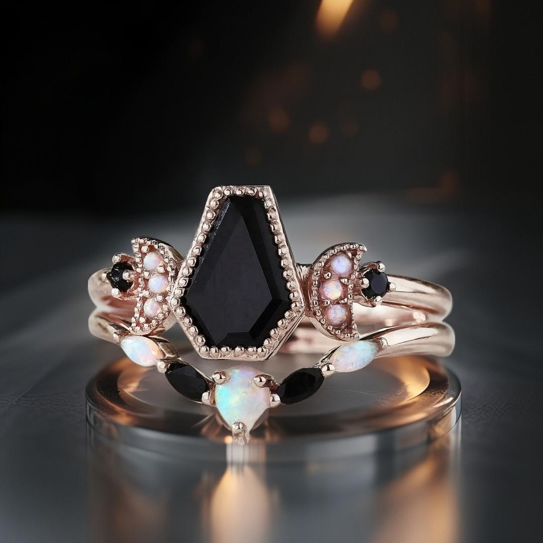 Black Onyx Gemstone Moon and Coffin Witch Ring Gothic Jewelry-MoonChildWorld