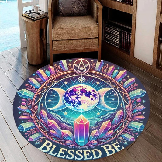 Triple Moon Round Rug Blessed Be Wicca Carpet for Pagan Home Decor-MoonChildWorld