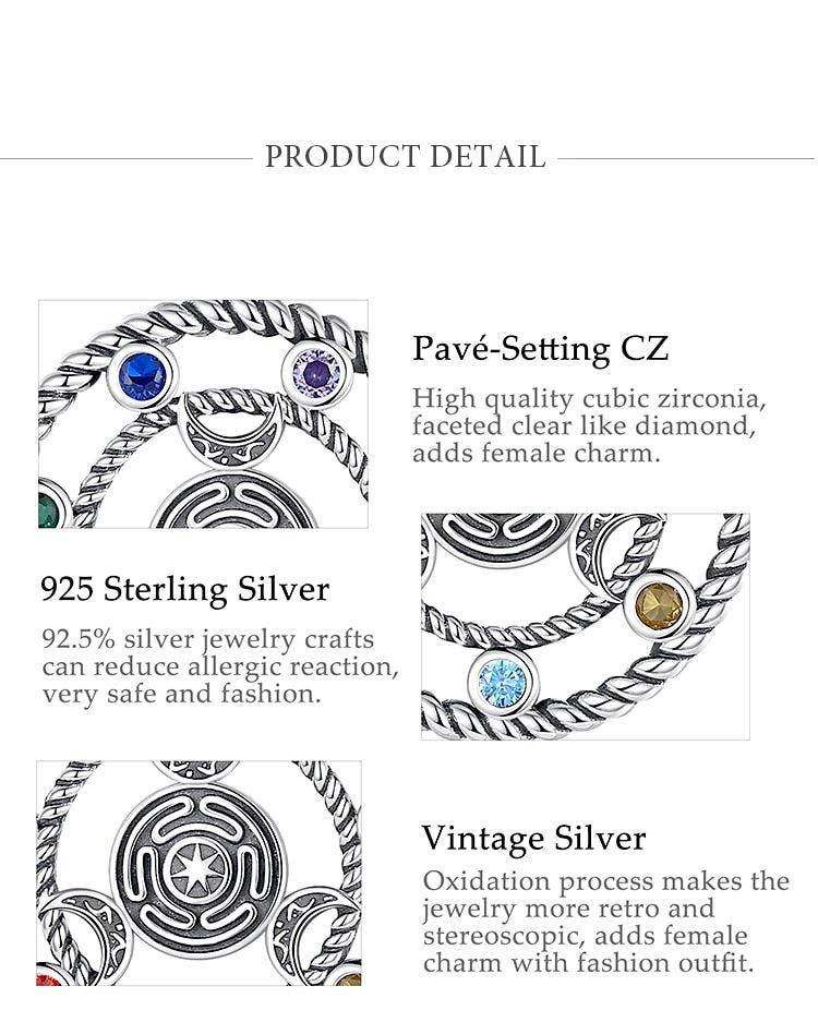 Sterling silver 7 Chakras Hecate Wheel Moon Goddess Wicca Amulet Necklace with colorful cubic zirconia.