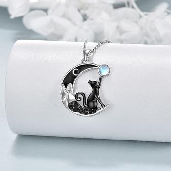 Black Cat Crystal Moon Necklace Moonstone Witchy Black Cat Necklace-MoonChildWorld