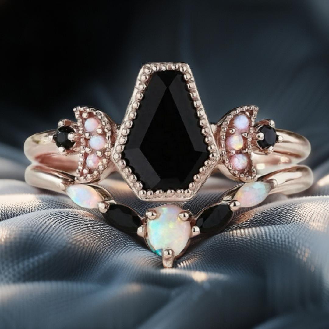 Black Onyx Gemstone Moon and Coffin Witch Ring Gothic Jewelry-MoonChildWorld