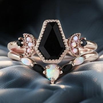 Black Onyx Gemstone Moon and Coffin Witch Ring Gothic Jewelry-MoonChildWorld