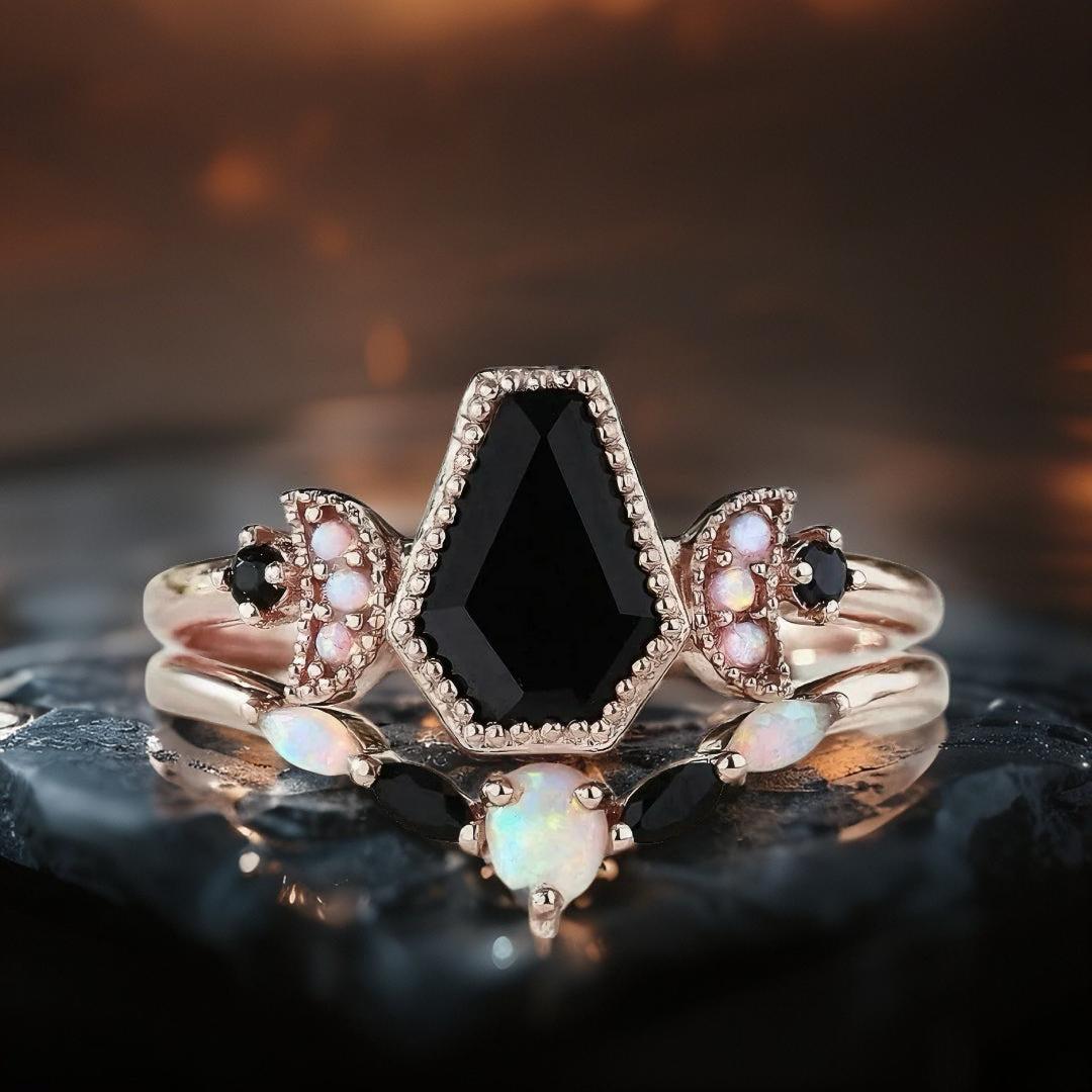 Black Onyx Gemstone Moon and Coffin Witch Ring Gothic Jewelry-MoonChildWorld