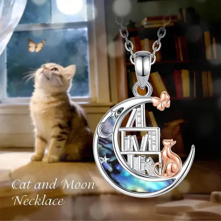 925 Silver Abalone Shell Moon Cat Bookshelf Necklace Witchy Jewelry-MoonChildWorld