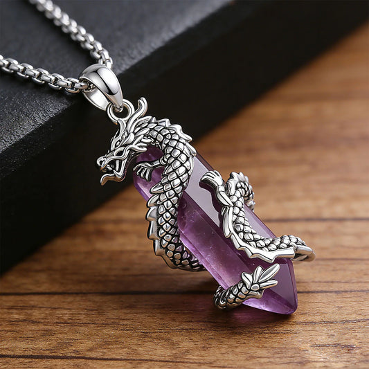 925 Silver Amethyst Dragon Necklace Punk Natural Crystal Healing Stone Amulet Spiritual Jewelry-MoonChildWorld