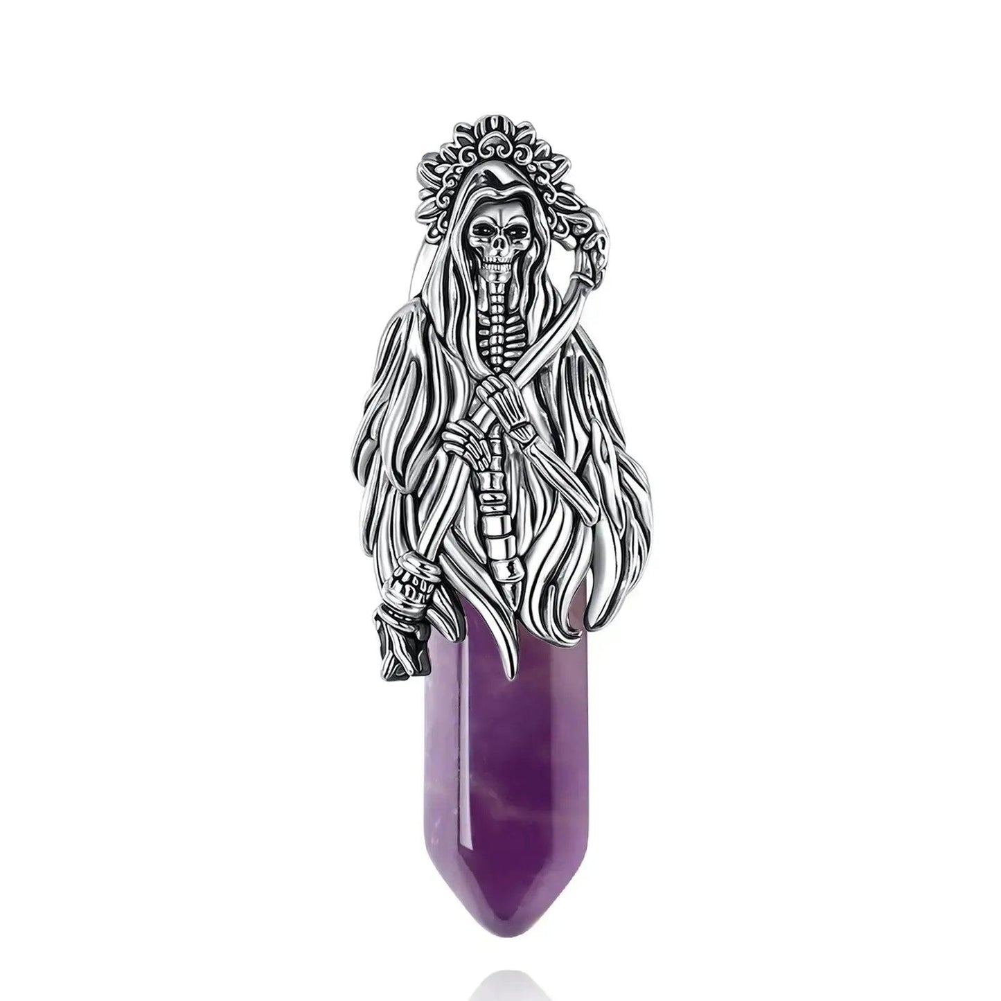 925 Silver Amethyst Grim Reaper Necromancer Skeleton Skull Necklace - Holy Death Scythe Mexican Pendant Gothic Jewelry Halloween Gift-MoonChildWorld