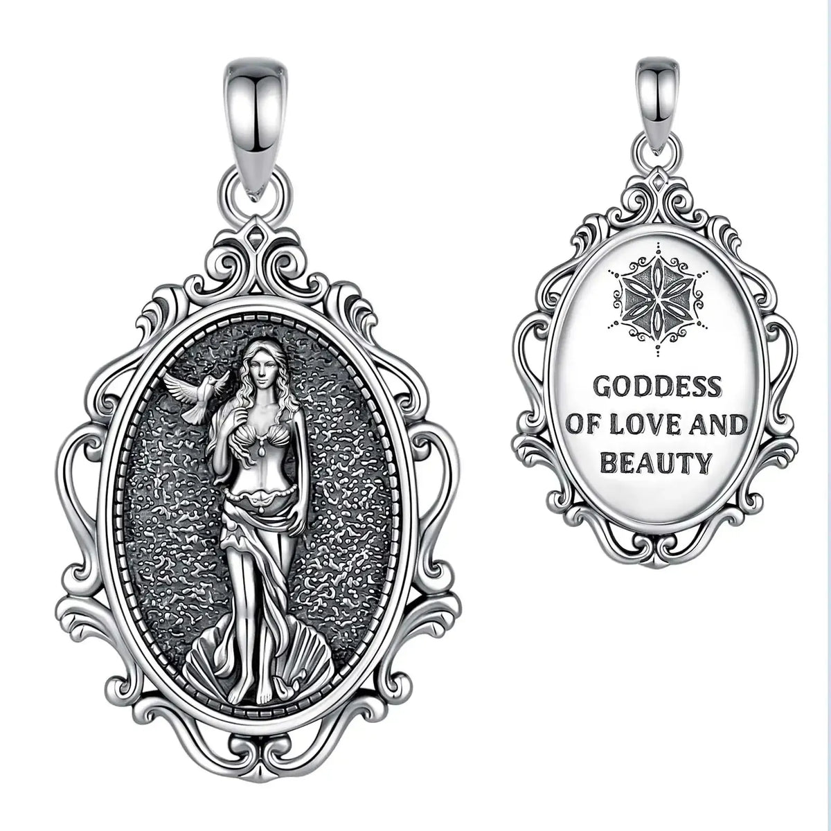 Aphrodite goddess pendant without chain, shown from the front and back