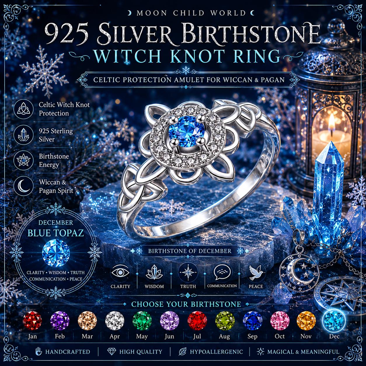 925 silver witch knot ring with blue topaz birthstone, Celtic protection amulet for Wiccan & Pagan magic