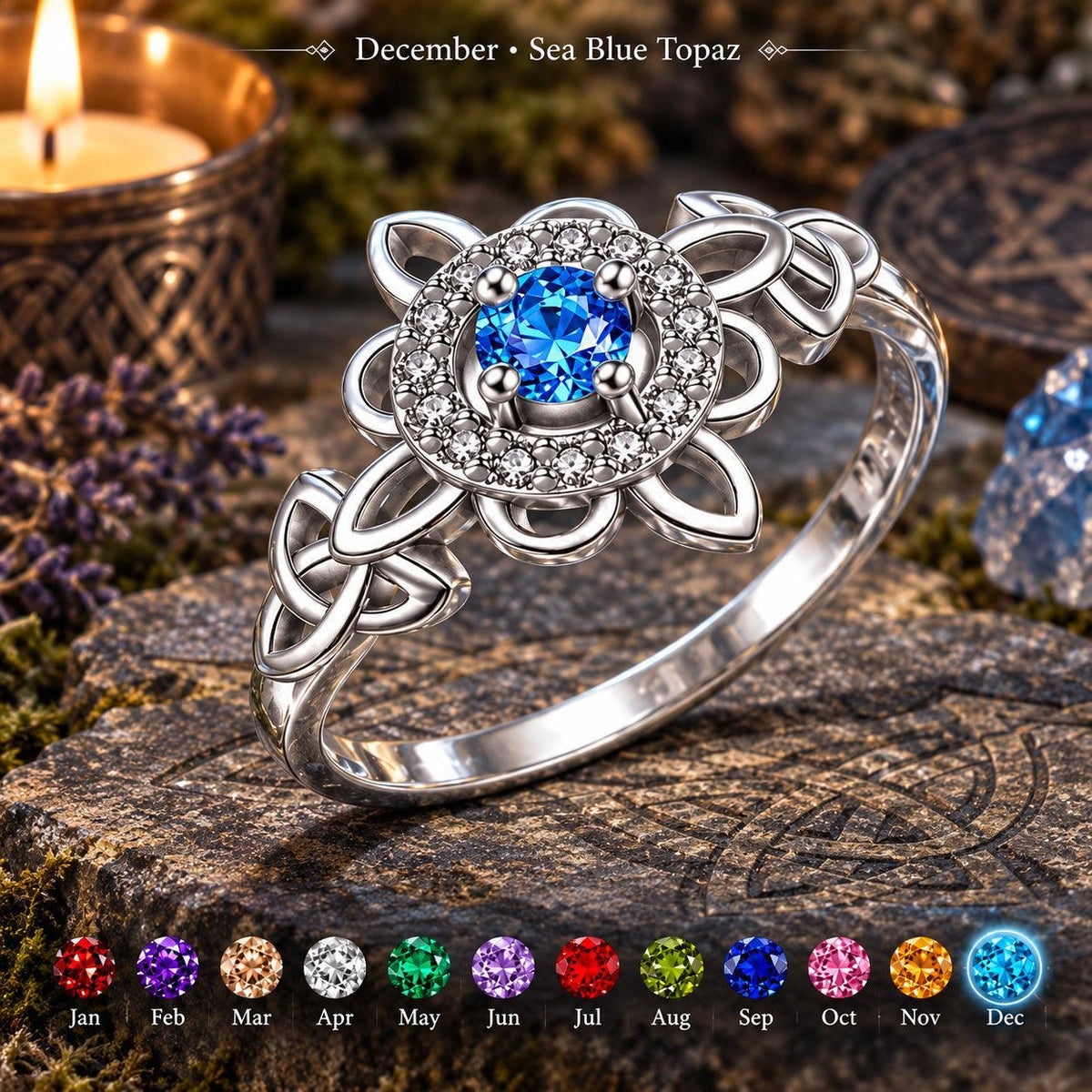 925 silver witch knot ring with blue topaz birthstone, Celtic protection amulet for Wiccan & Pagan magic