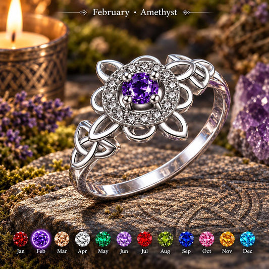 925 silver witch knot ring with amethyst birthstone, Celtic protection amulet for Wiccan & Pagan rituals