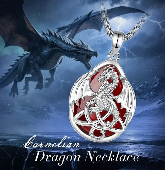 Carnelian dragon necklace shown against a fantasy dragon and moon background