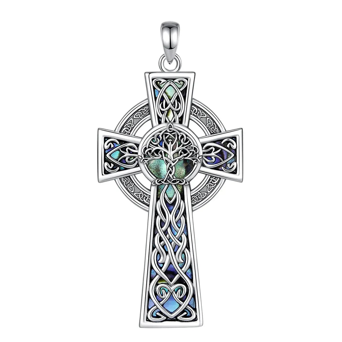 Close view of cross pendant with iridescent accents