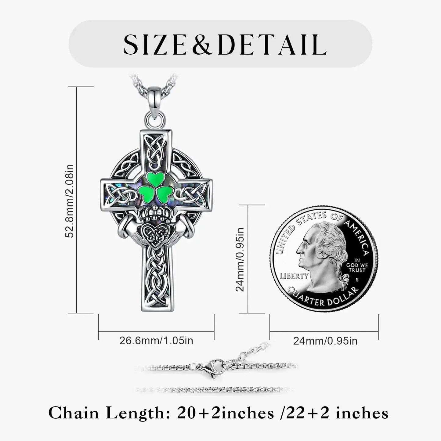 Claddagh Celtic Cross Necklace โ close-up of abalone shell pendant